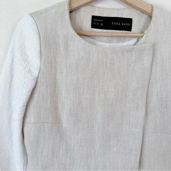 Zara Beige Linen Moto Jacket Textured Sleeve Beige White Jacket - Picture 6 of 16